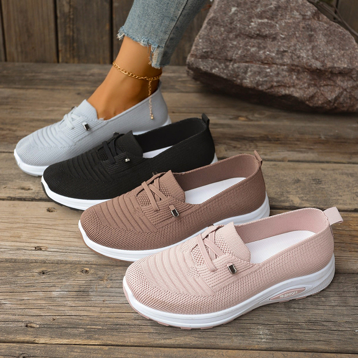 Women's Breathable Knit Slip-On Sneakers – Lightweight Platform Casual Shoes