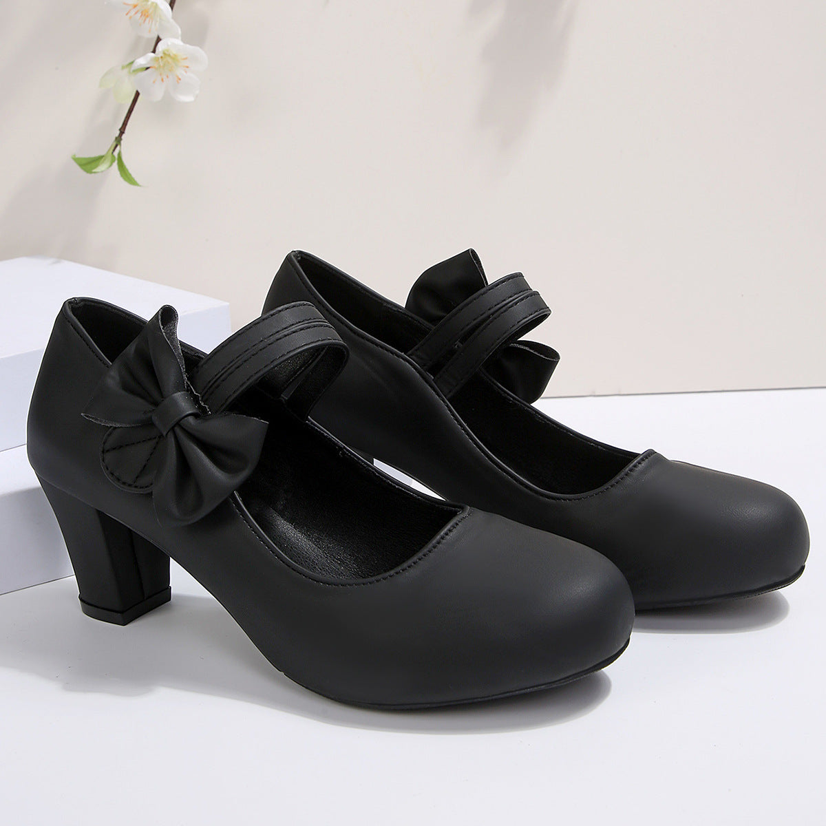 Women's Bowknot Block Heel Mary Jane Shoes – Elegant Ankle Strap Chunky Heels