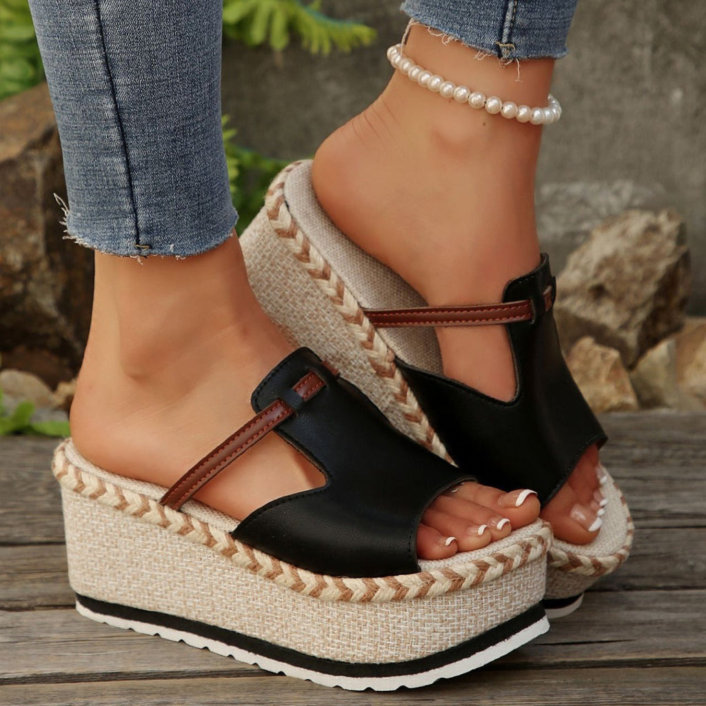 Women's Platform Wedge Espadrille Sandals - 8cm Chunky Peep Toe T-Strap Summer Sandals