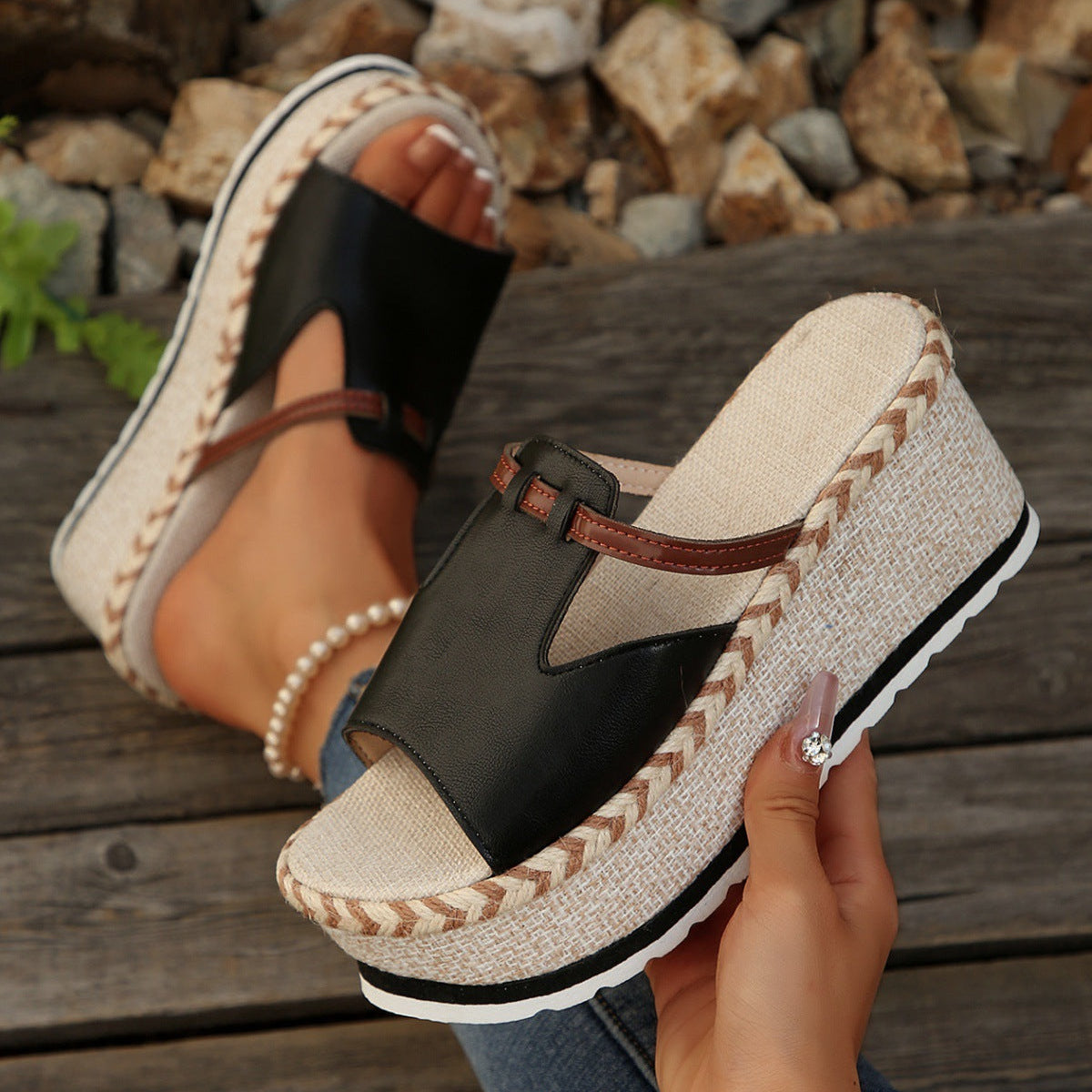 Women's Platform Wedge Espadrille Sandals - 8cm Chunky Peep Toe T-Strap Summer Sandals