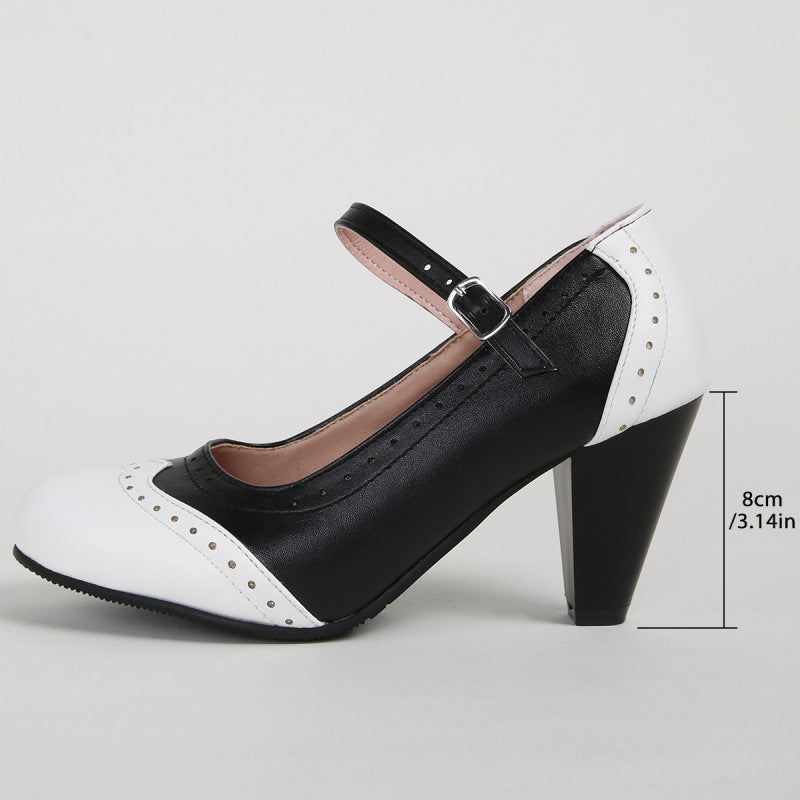 Women's Two-Tone Mary Jane Block Heel Pumps - Retro Brogue Ankle Strap Shoes