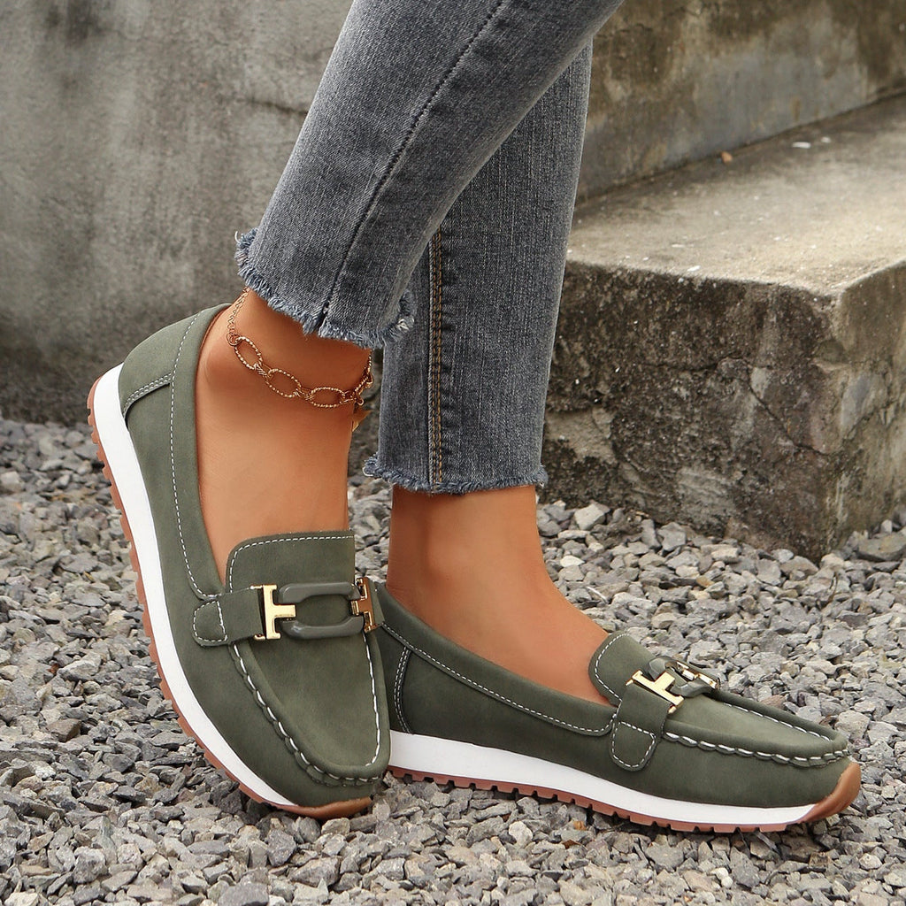 Women's Gold Buckle Suede Loafers – Comfortable Casual Platform Slip-On Shoes