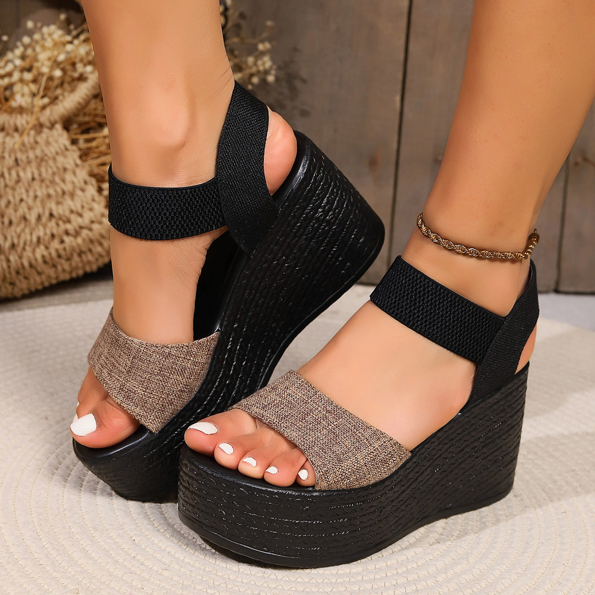Chic Black Platform Wedge Sandals with Linen Straps - 9cm Wedge Heel