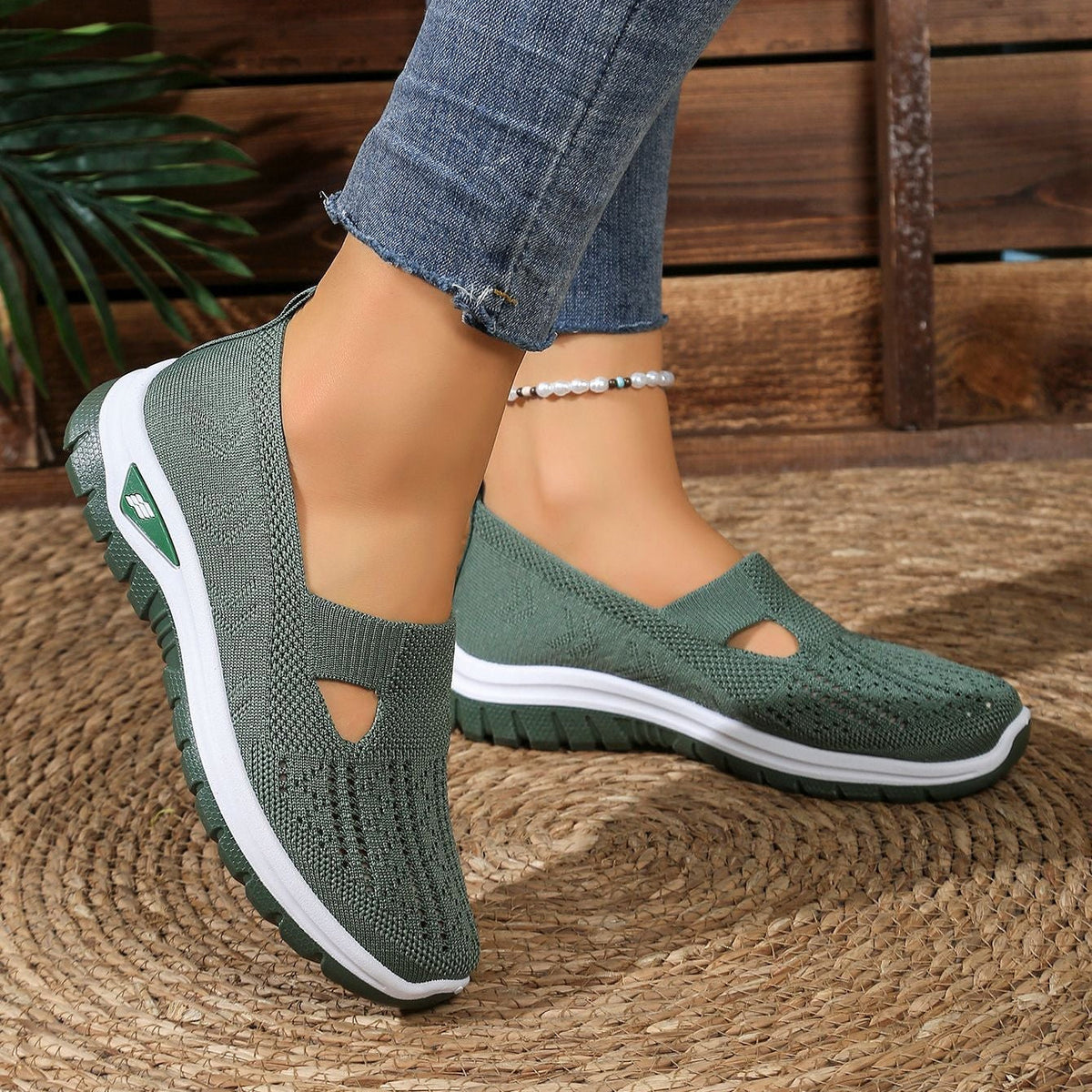 Breathable Knit Slip-On Sneakers Women - Lightweight Mesh Walking Shoes with Cutout Design