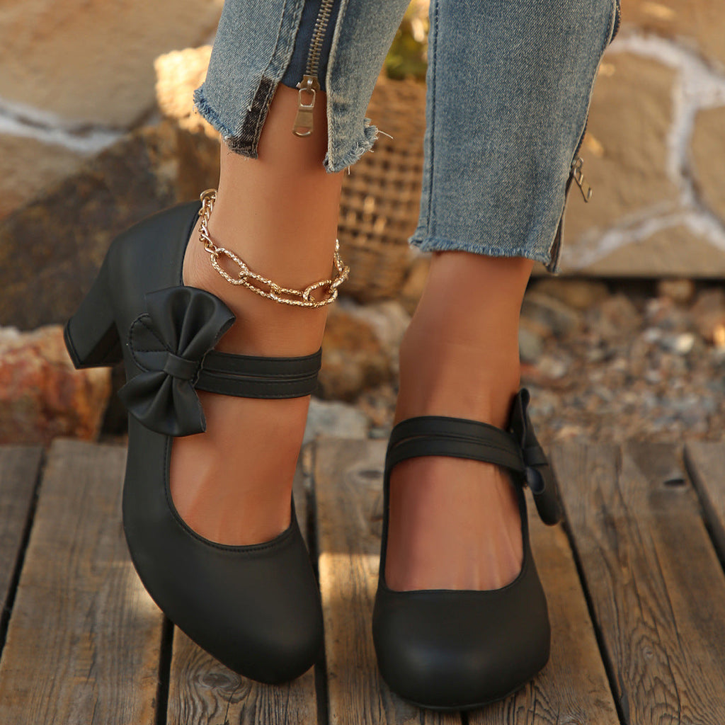 Women's Bowknot Block Heel Mary Jane Shoes – Elegant Ankle Strap Chunky Heels