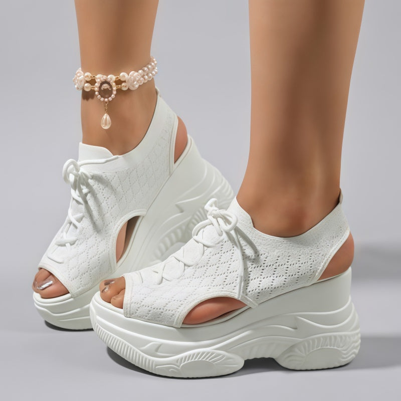 Women's Knit Platform Wedge Sandals - 9.5cm Chunky Peep Toe Lace-Up Sporty Sandals