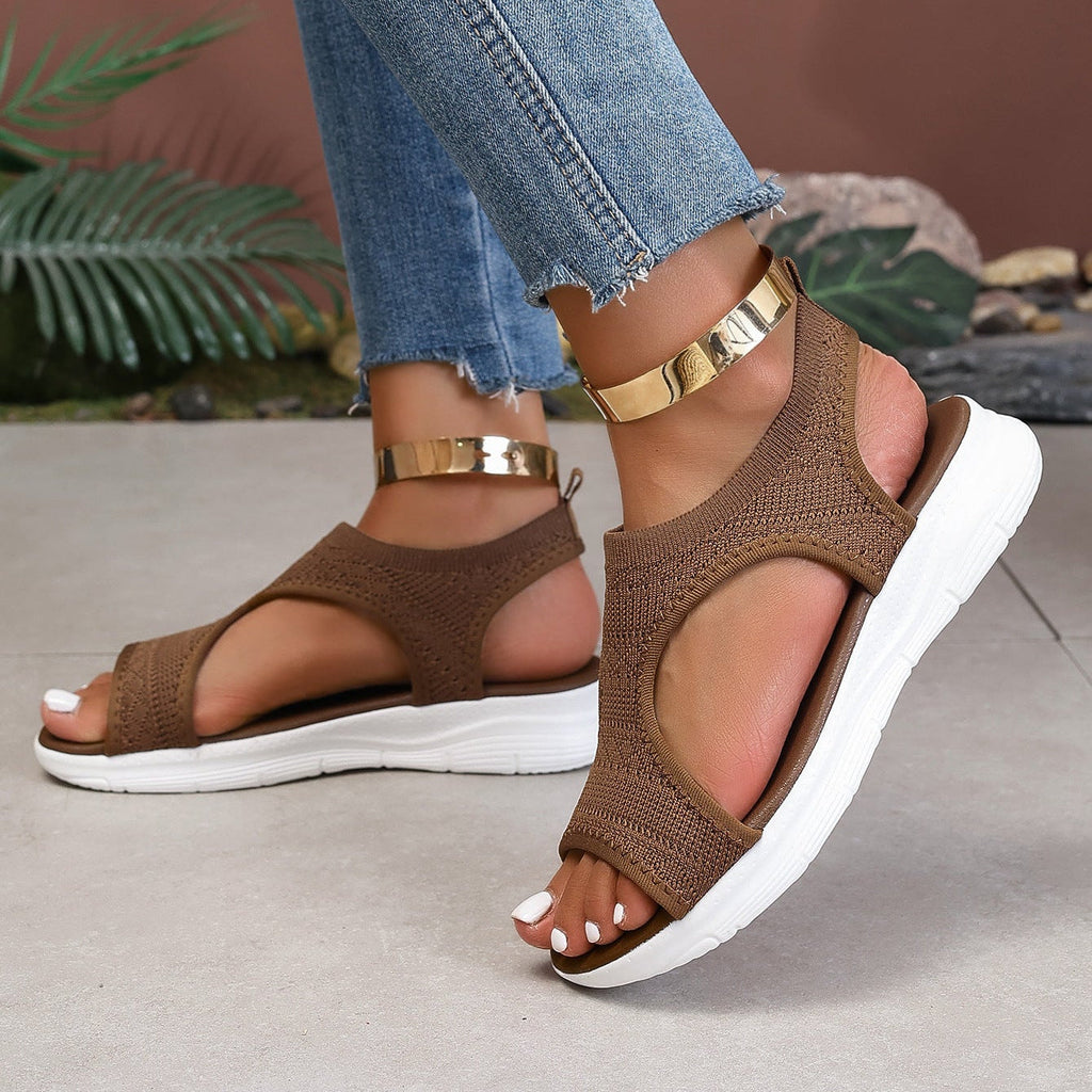 Women's Breathable Knit Platform Sandals 4.5cm Heel - Peep Toe Gold Buckle Summer Shoes