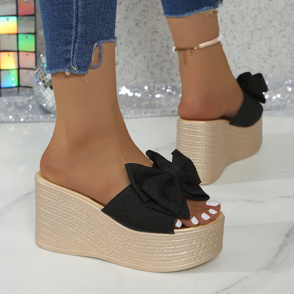 Women's Platform Wedge Sandals with Big Bow - Sparkly Open Toe Summer Slides