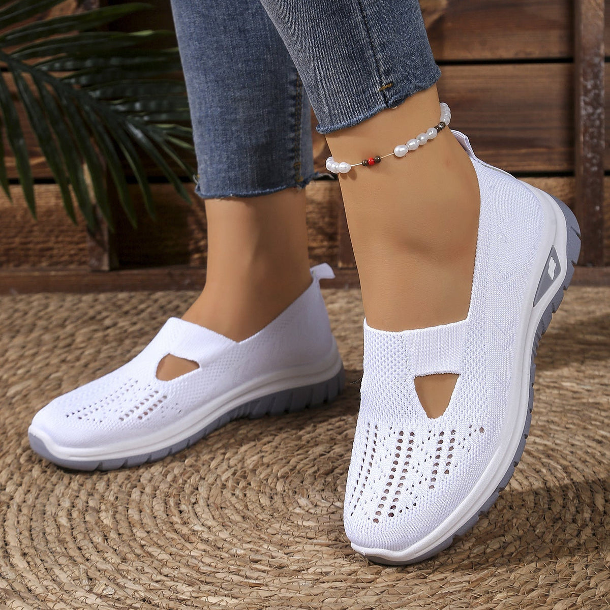 Breathable Knit Slip-On Sneakers Women - Lightweight Mesh Walking Shoes with Cutout Design