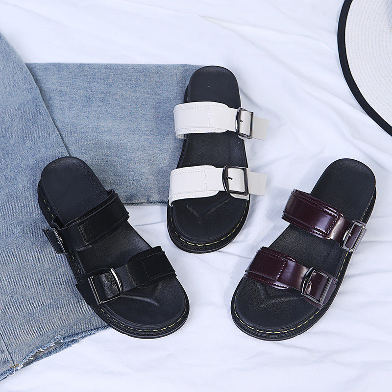 Women's Double Buckle Platform Sandals - Chunky Thick Sole Slide Sandals with Adjustable Straps