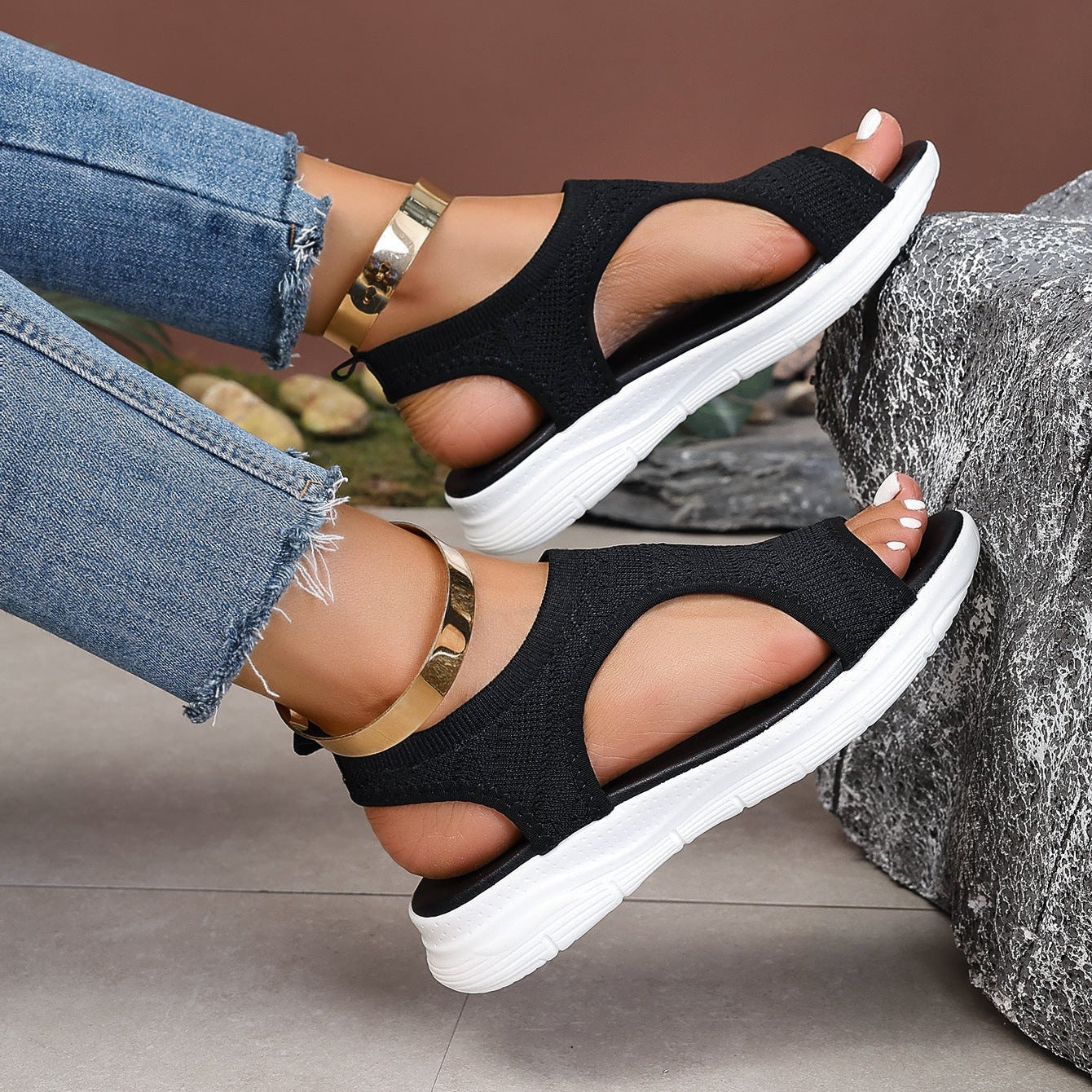 Women's Breathable Knit Platform Sandals 4.5cm Heel - Peep Toe Gold Buckle Summer Shoes