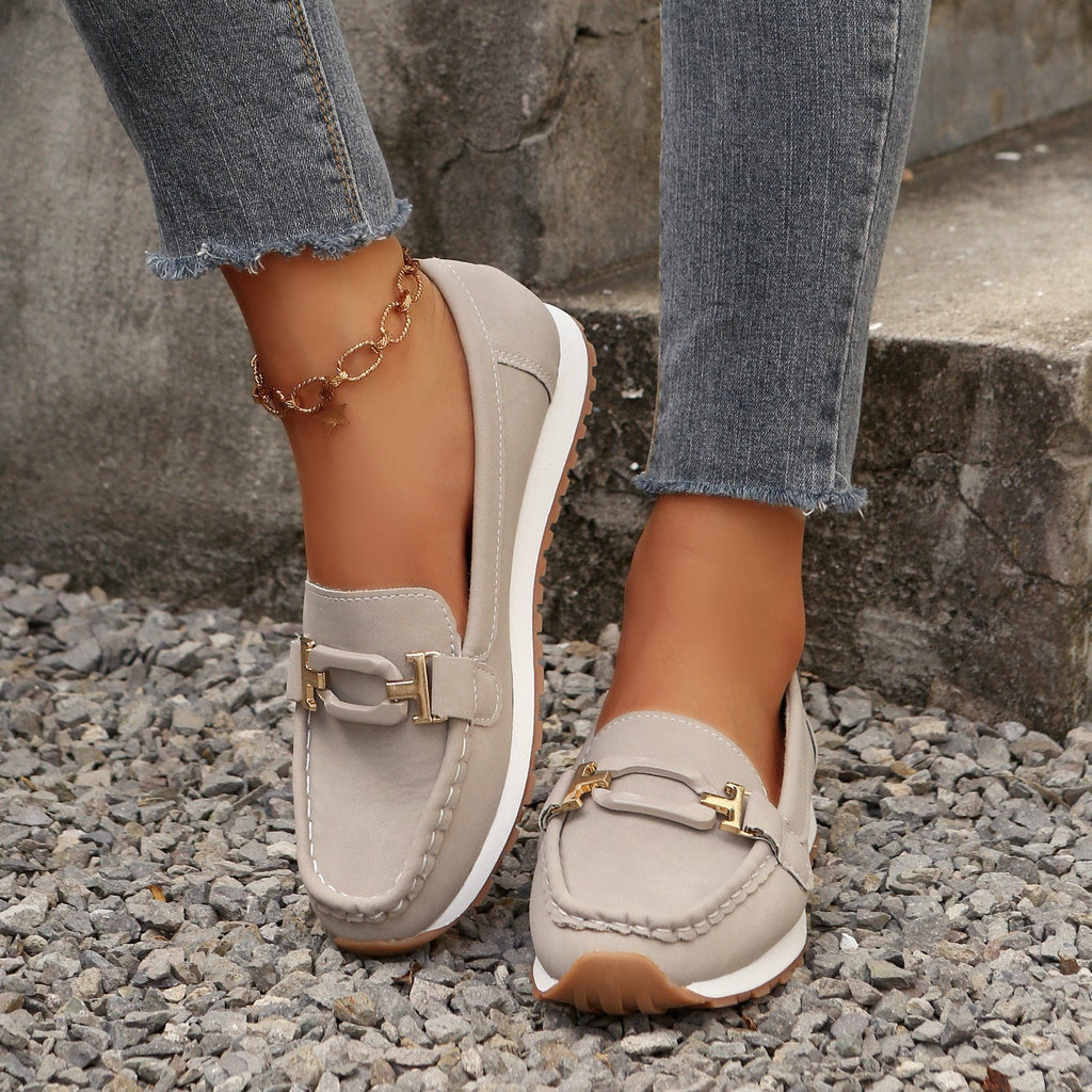 Women's Gold Buckle Suede Loafers – Comfortable Casual Platform Slip-On Shoes