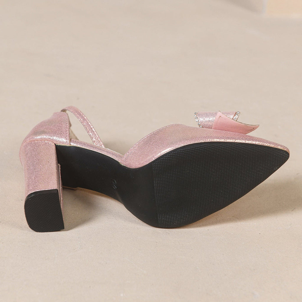 Sparkly Metallic Bow Pointed Toe Block Heel Sandals – 9cm Chunky Heel Ankle Strap Pumps