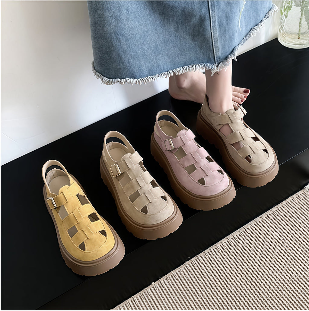 Women's Chunky Platform Mary Jane Sandals - Woven Cut-Out Buckle Flats