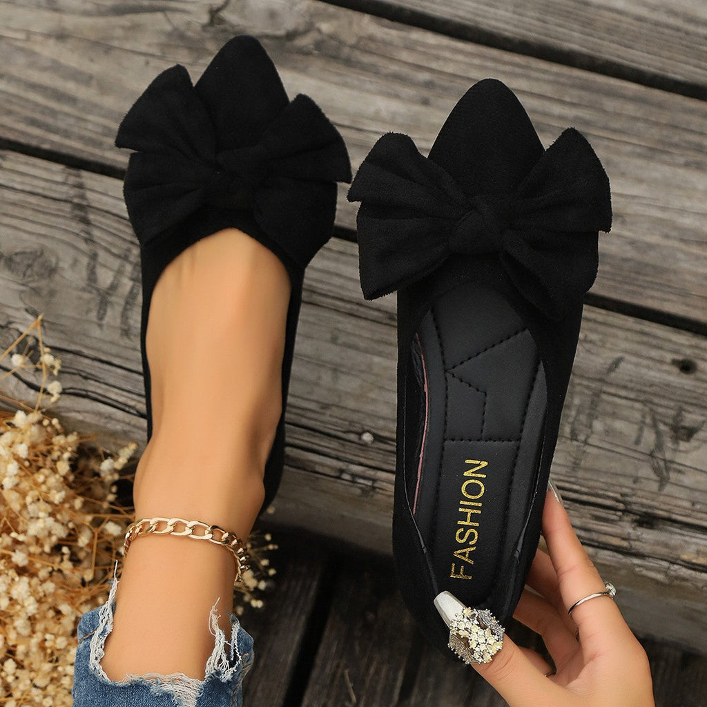 Women's Bow Pointed Toe Flats - Big Bow Suede Ballet Flats Comfortable Slip-On Pumps