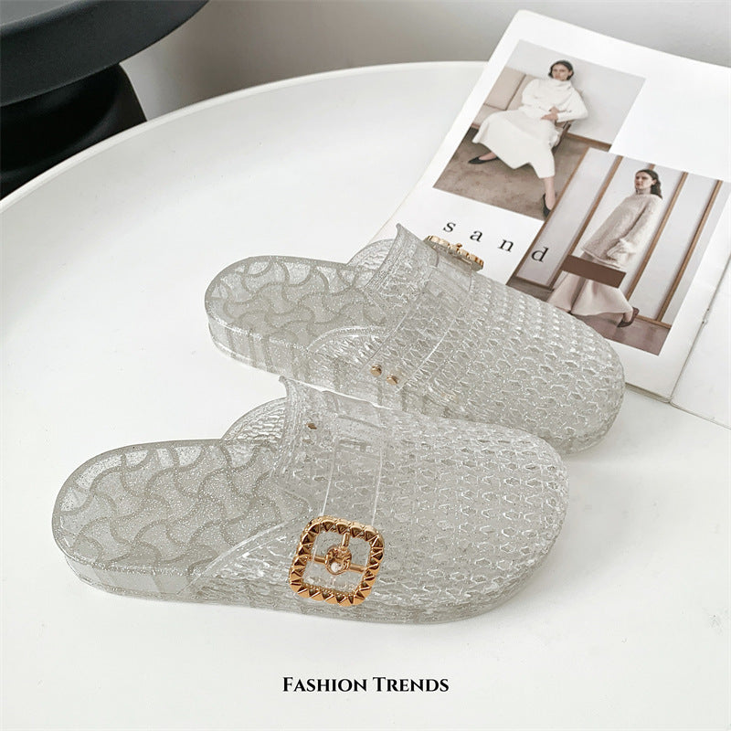 Sparkly Glitter Platform Slide Sandals for Women – Buckle Decor Transparent Chunky Slides