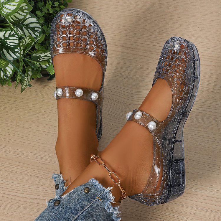 Sparkly Transparent Crocodile Mary Jane Jelly Flats - Pearl Strap Wedge Shoes