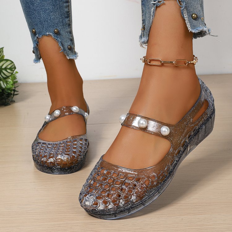Sparkly Transparent Crocodile Mary Jane Jelly Flats - Pearl Strap Wedge Shoes