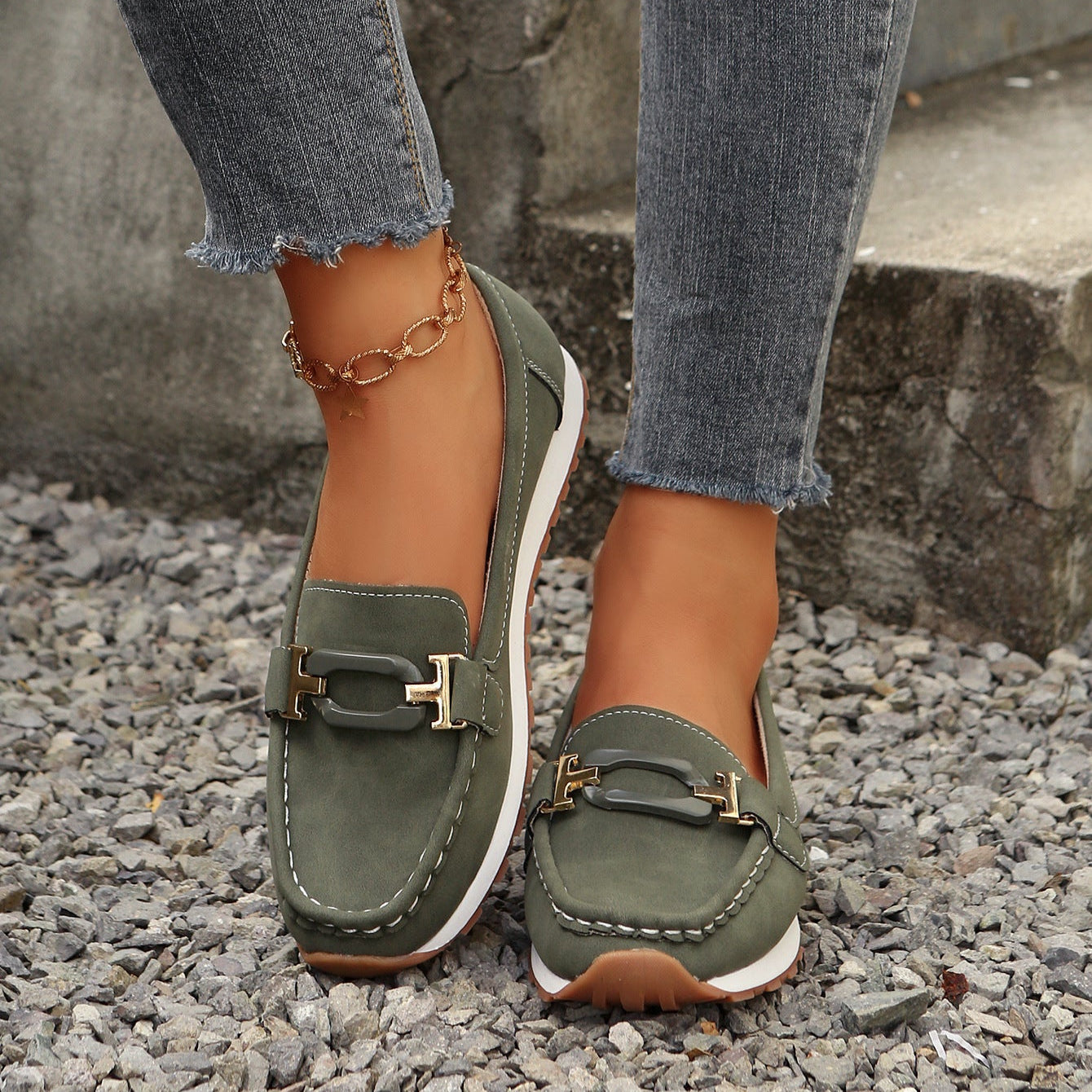 Women's Gold Buckle Suede Loafers – Comfortable Casual Platform Slip-On Shoes