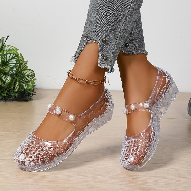 Sparkly Transparent Crocodile Mary Jane Jelly Flats - Pearl Strap Wedge Shoes