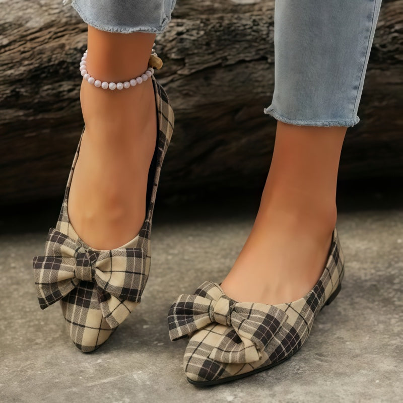 Women's Bow Pointed Toe Flats - Big Bow Suede Ballet Flats Comfortable Slip-On Pumps