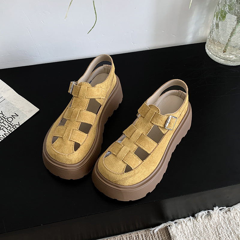 Women's Chunky Platform Mary Jane Sandals - Woven Cut-Out Buckle Flats