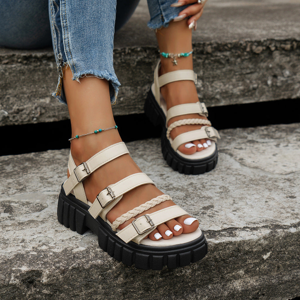 Women's Chunky Platform Strappy Sandals - Buckle Braided Open Toe Summer Shoes