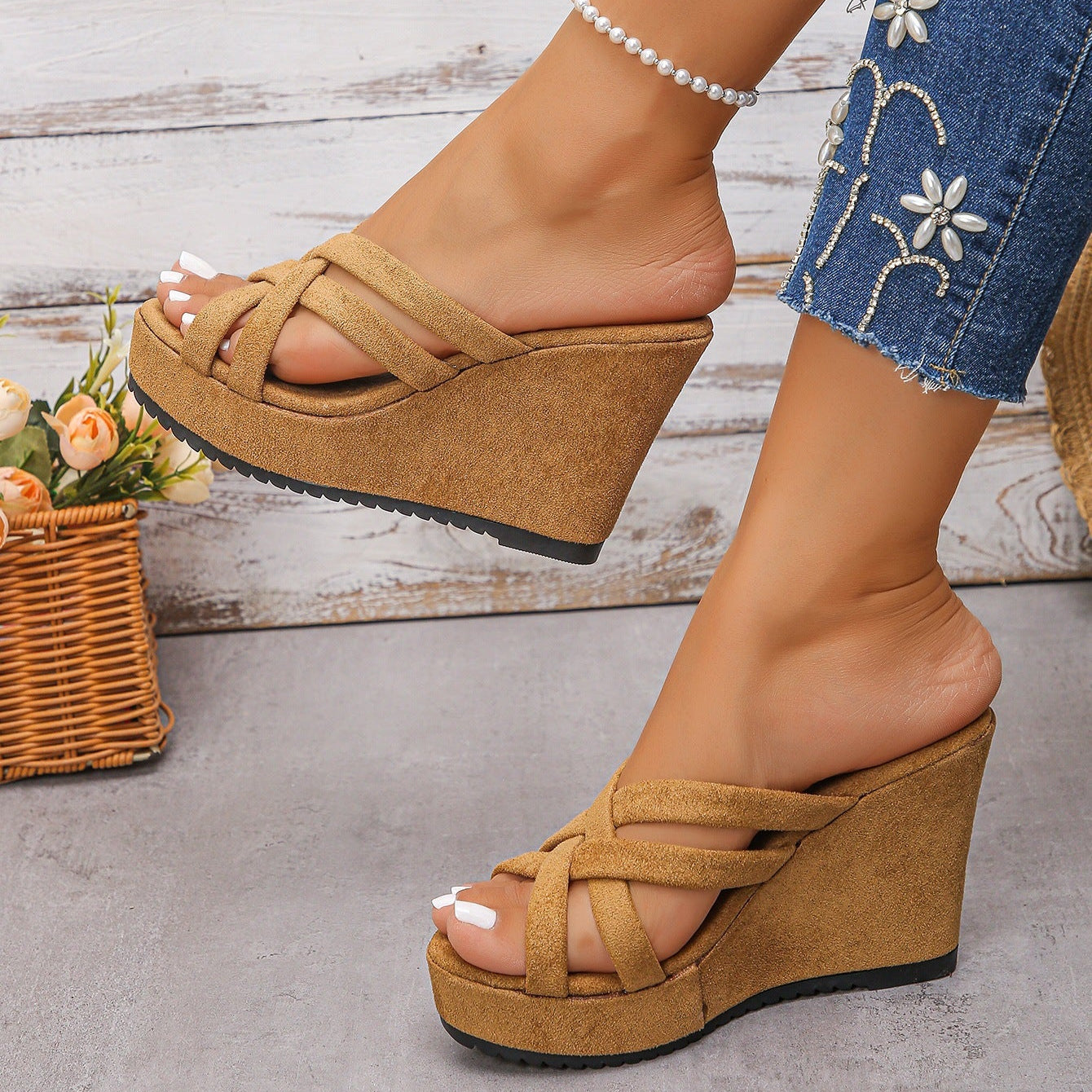 Criss-Cross Platform Wedge Sandals - 9.9cm Heel