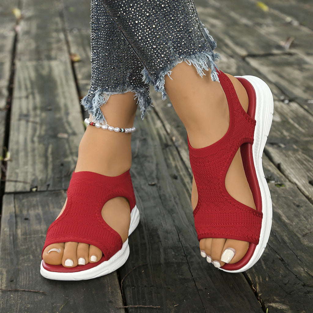 Women's Breathable Knit Platform Sandals 4.5cm Heel - Peep Toe Gold Buckle Summer Shoes