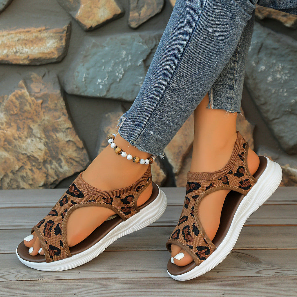 Women's Breathable Knit Platform Sandals 4.5cm Heel - Peep Toe Gold Buckle Summer Shoes