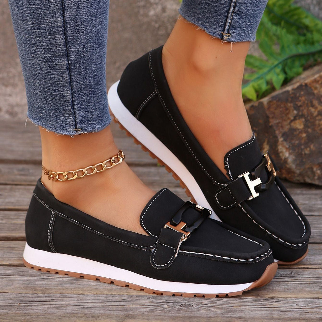 Women's Gold Buckle Suede Loafers – Comfortable Casual Platform Slip-On Shoes