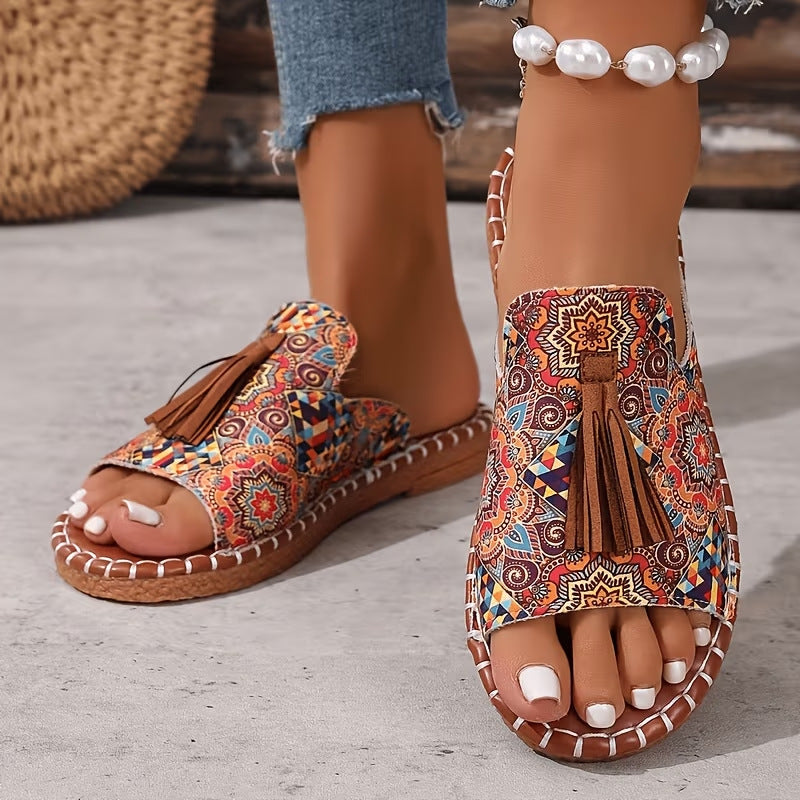Bohemian Ethnic Tassel Slide Sandals – Colorful Woven Flat Mules with Cork Sole