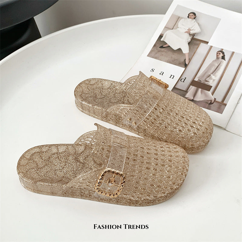Sparkly Glitter Platform Slide Sandals for Women – Buckle Decor Transparent Chunky Slides