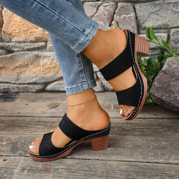 Women's Hollow Out Block Heel Sandals - Peep Toe Double Strap Mules with Chunky Heel