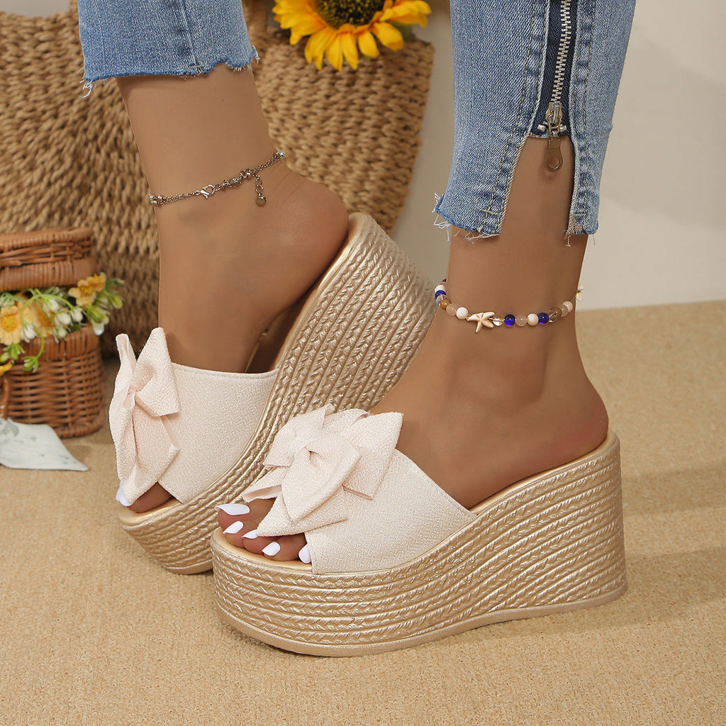 Women's Platform Wedge Sandals with Big Bow - Sparkly Open Toe Summer Slides