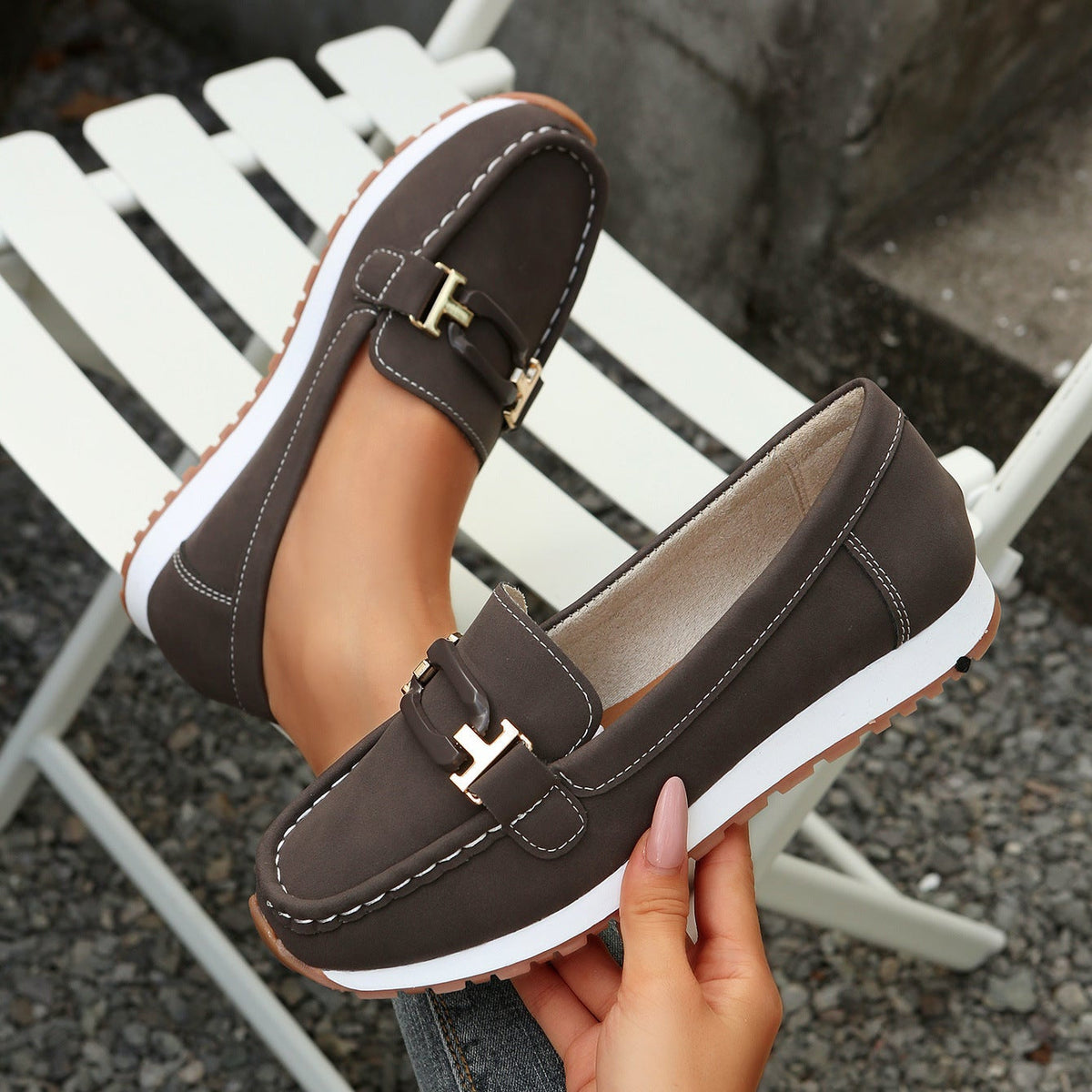 Women's Gold Buckle Suede Loafers – Comfortable Casual Platform Slip-On Shoes
