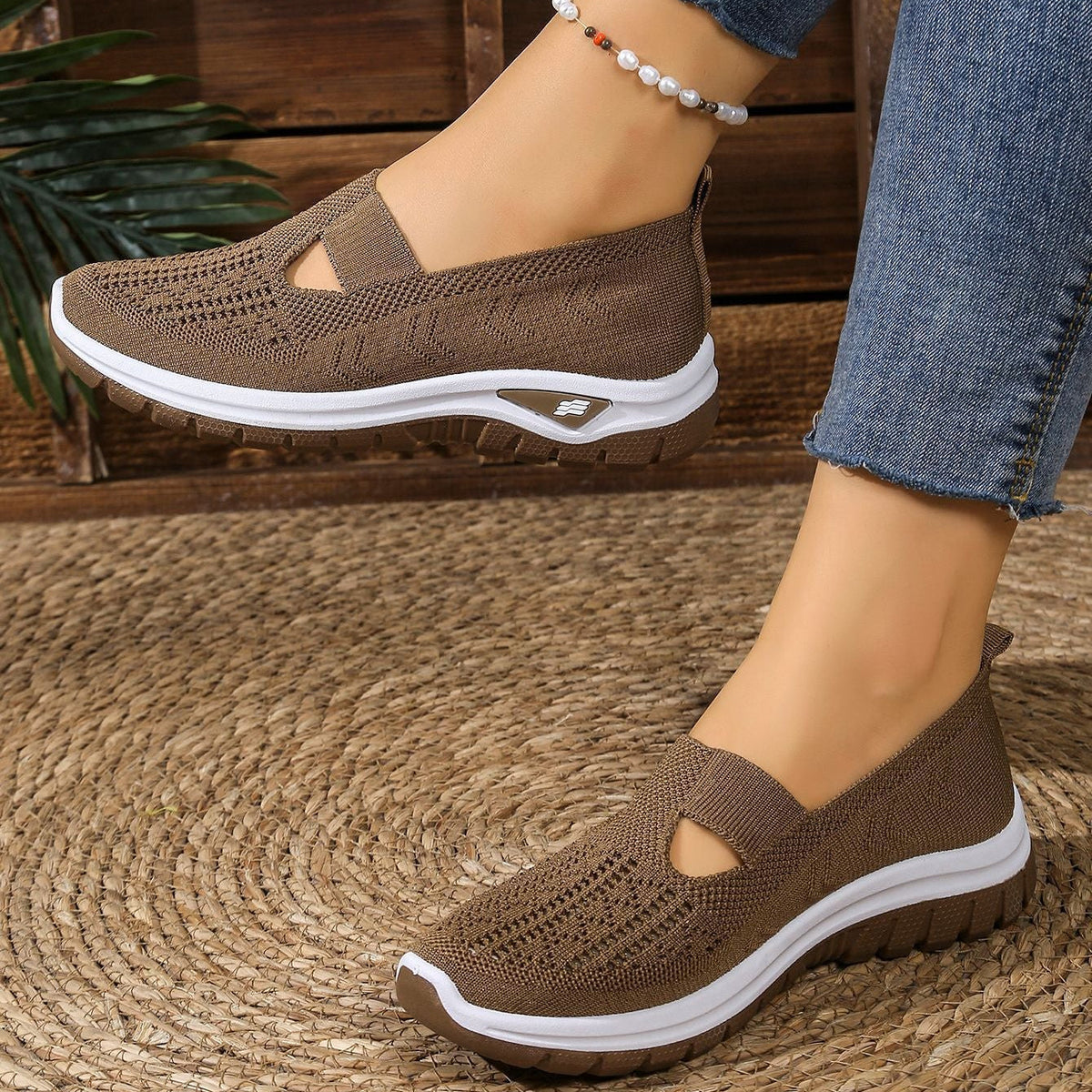 Breathable Knit Slip-On Sneakers Women - Lightweight Mesh Walking Shoes with Cutout Design