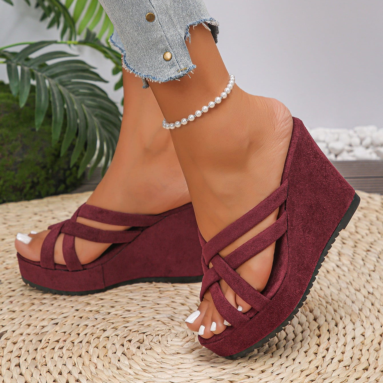 Criss-Cross Platform Wedge Sandals - 9.9cm Heel