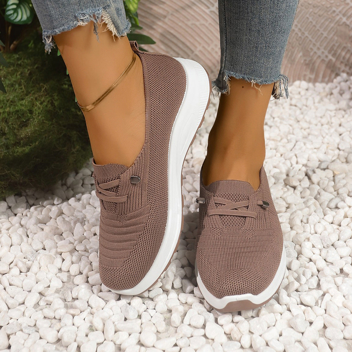 Women's Breathable Knit Slip-On Sneakers – Lightweight Platform Casual Shoes