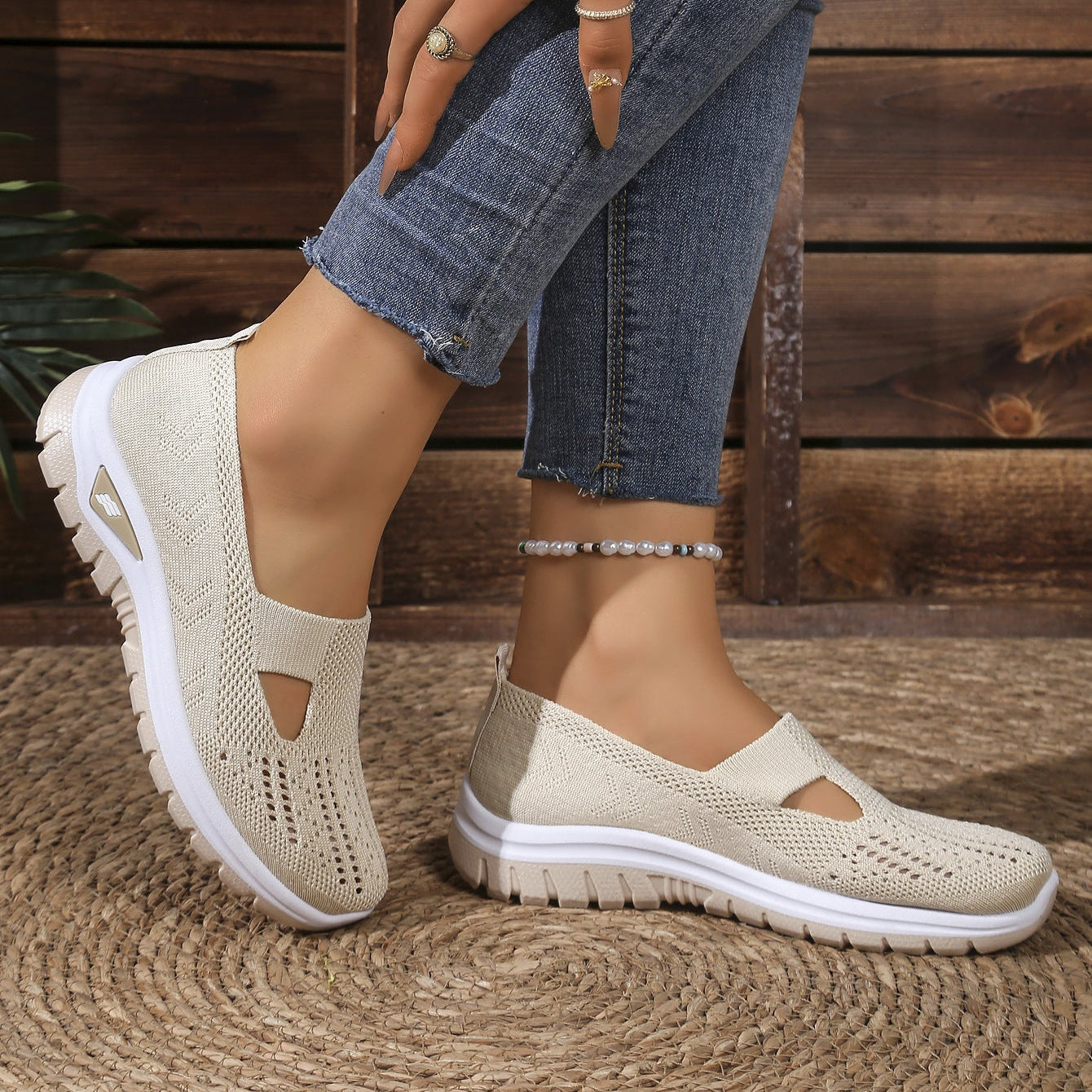 Breathable Knit Slip-On Sneakers Women - Lightweight Mesh Walking Shoes with Cutout Design