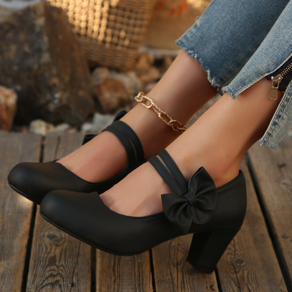 Women's Bowknot Block Heel Mary Jane Shoes – Elegant Ankle Strap Chunky Heels