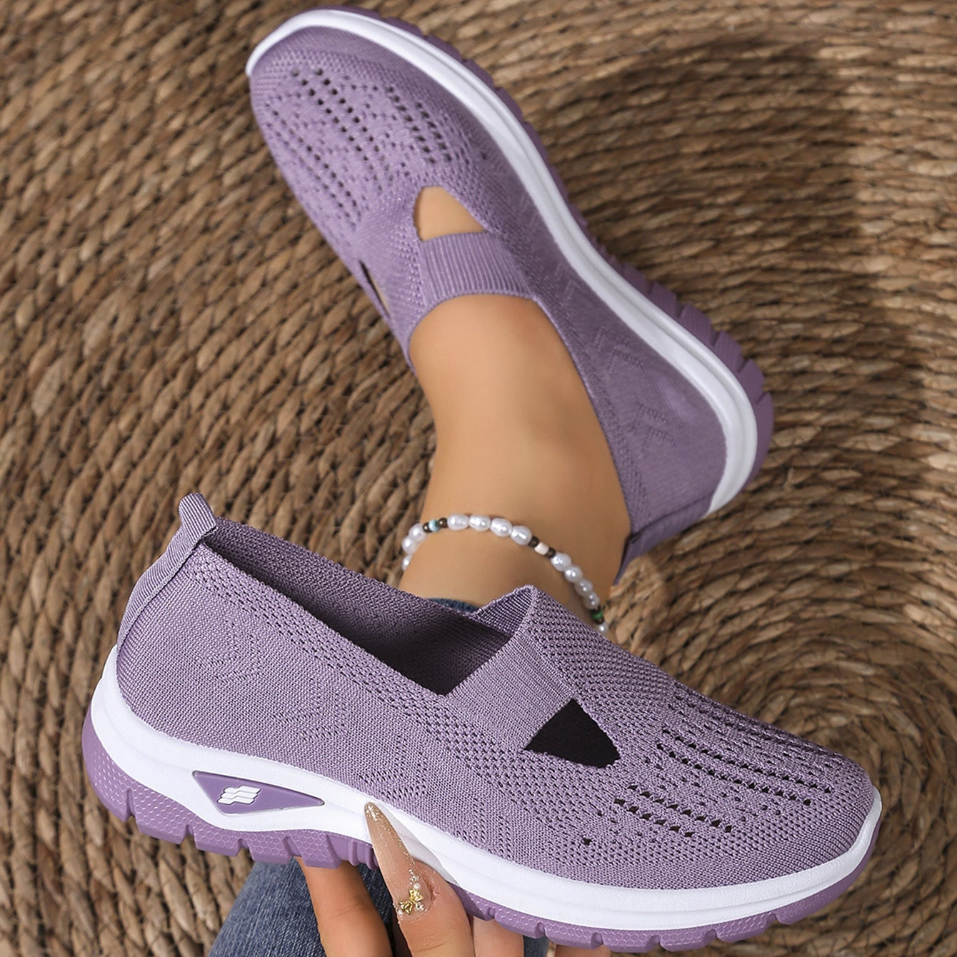 Breathable Knit Slip-On Sneakers Women - Lightweight Mesh Walking Shoes with Cutout Design