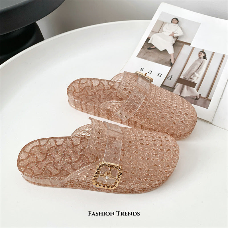Sparkly Glitter Platform Slide Sandals for Women – Buckle Decor Transparent Chunky Slides