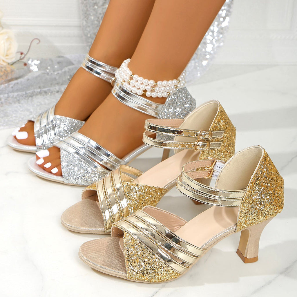 Sparkly Glitter Block Heel Sandals – 7cm Chunky Heel Strappy Open Toe Pumps with Ankle Strap