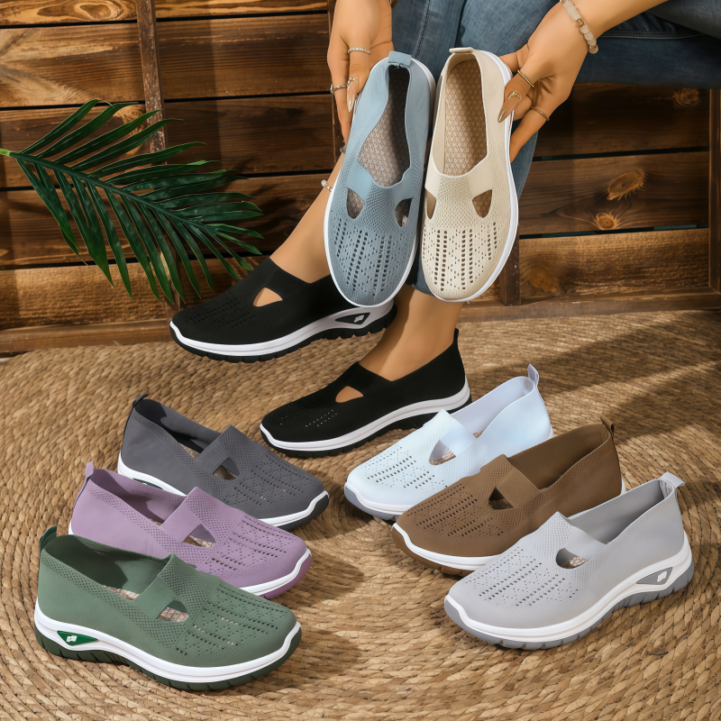 Breathable Knit Slip-On Sneakers Women - Lightweight Mesh Walking Shoes with Cutout Design