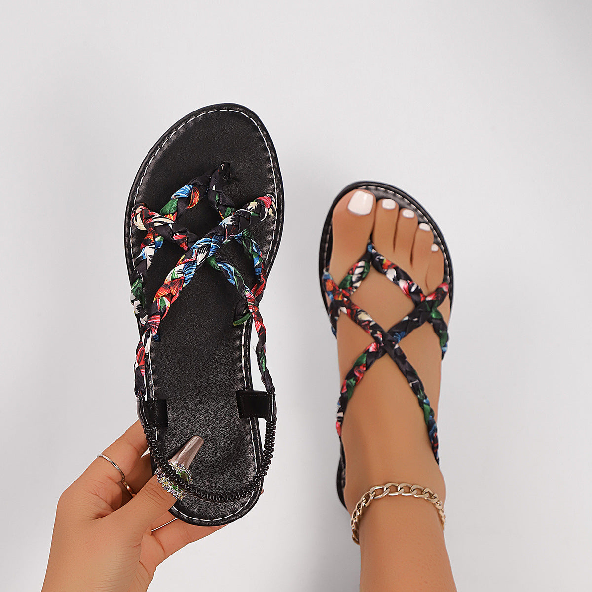 Women's Braided Criss-Cross Flat Sandals - Colorful Woven Strappy Summer Sandals