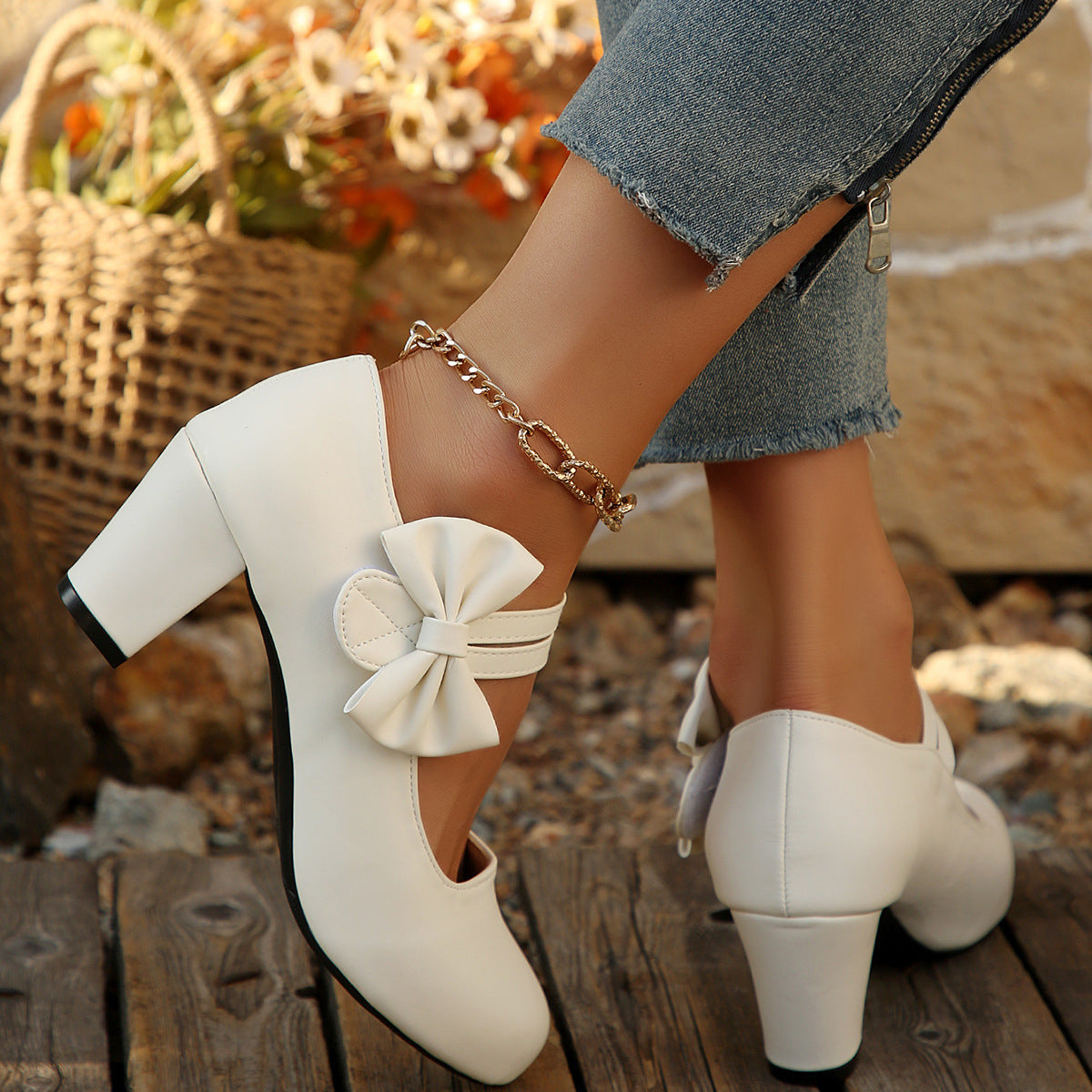 Women's Bowknot Block Heel Mary Jane Shoes – Elegant Ankle Strap Chunky Heels