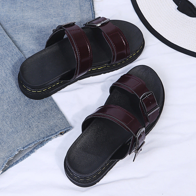 Women's Double Buckle Platform Sandals - Chunky Thick Sole Slide Sandals with Adjustable Straps