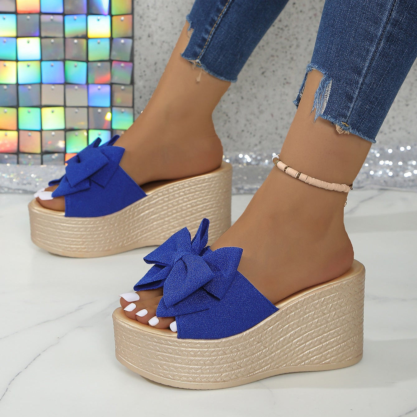 Women's Platform Wedge Sandals with Big Bow - Sparkly Open Toe Summer Slides