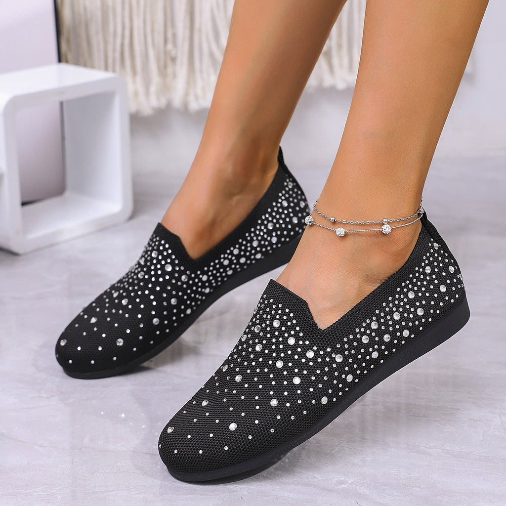 Sparkly Rhinestone Mesh Slip-On Flats – Breathable Comfort Loafers